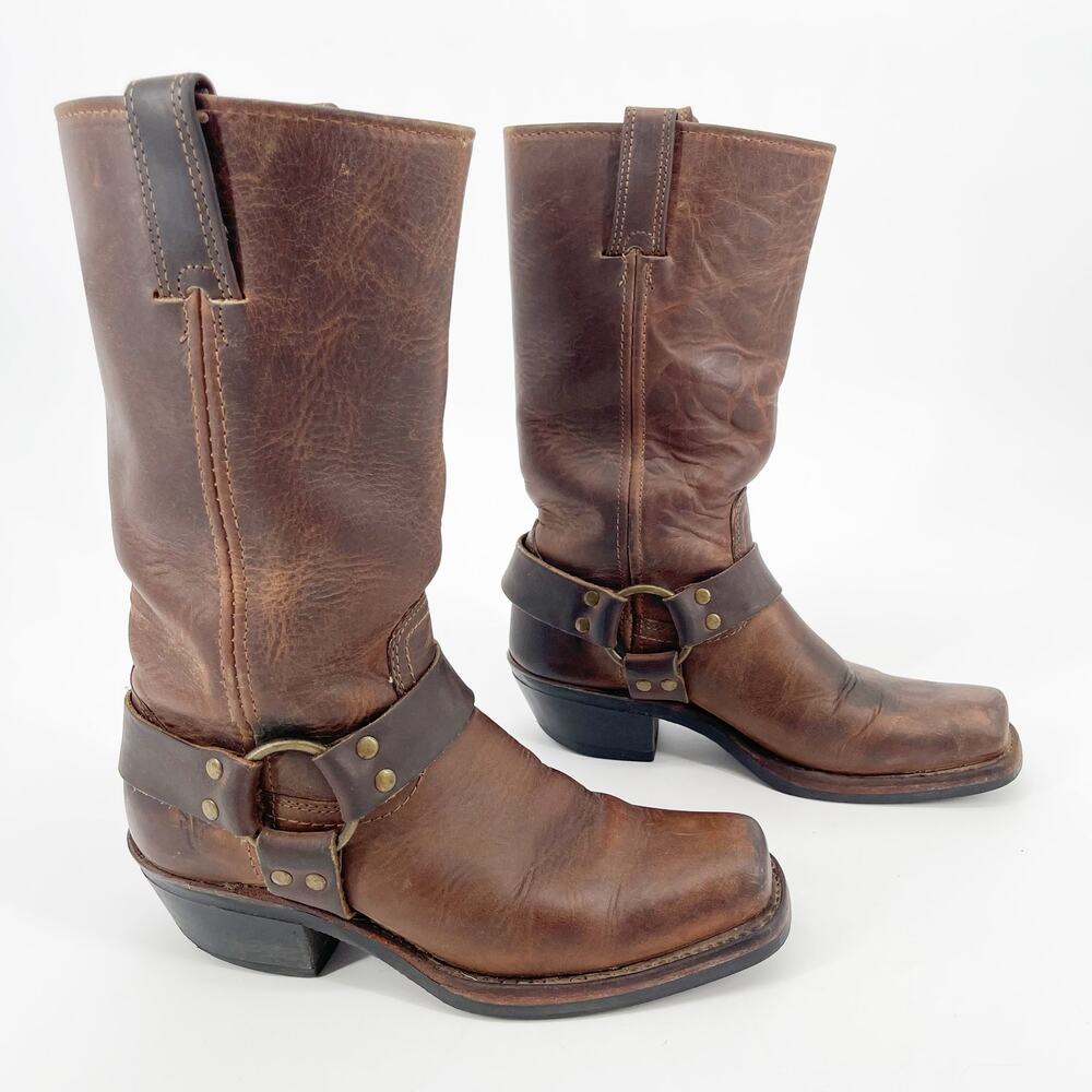 Frye Brown Leather Harness Heeled Boots